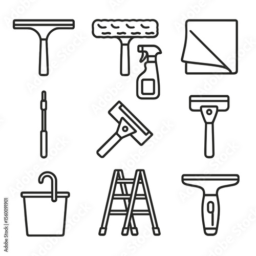 Window Cleaning Tools. Line style icons of Window Cleaning Set: squeegee blade, washer sleeve, glass cleaner spray, lint-free