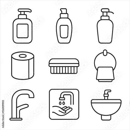 Personal Hygiene Icons. Line style icons of Personal Hygiene Wash: hand soap pump, sanitizer gel, lotion dispenser, paper towel