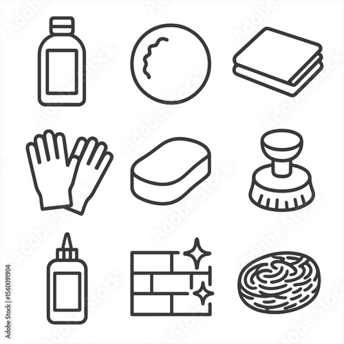 Metal Cleaner Icons. Line style icons of Metal & Stainless Cleaners: polish bottle, microfiber pad, buffing cloth, application