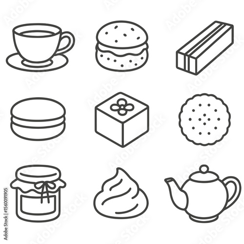 Line Style Tea Snacks. Line style icons of Afternoon Tea Snacks: tea cup, scone, finger sandwich, macaron, petit four, biscuit,