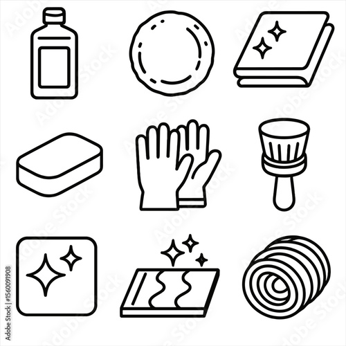 Metal Cleaner Icons. Line style icons of Metal & Stainless Cleaners: polish bottle, microfiber pad, buffing cloth, application