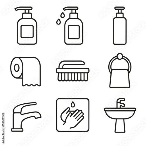 Personal Hygiene Icons. Line style icons of Personal Hygiene Wash: hand soap pump, sanitizer gel, lotion dispenser, paper towel