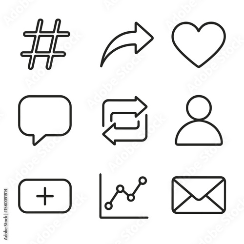 Social Media Icons. Line style icons of Social Media Communication: hashtag symbol, share arrow, like heart, comment bubble,