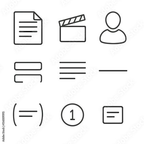 Scriptwriting Kit Icons. Line style icons of Scriptwriting Kit: screenplay page, scene-heading marker, character cue line,