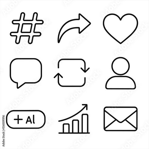 Social Media Icons. Line style icons of Social Media Communication: hashtag symbol, share arrow, like heart, comment bubble,