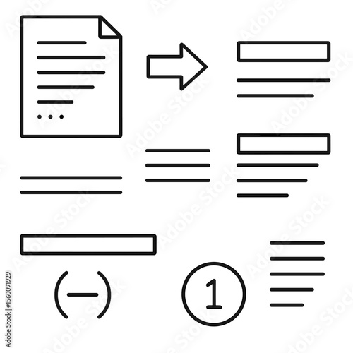 Scriptwriting Kit Icons. Line style icons of Scriptwriting Kit: screenplay page, scene-heading marker, character cue line,