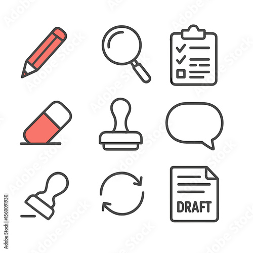 Editing Icons Set. Line style icons of Editing Process: red pencil, magnifying glass, checklist clipboard, tracked-changes