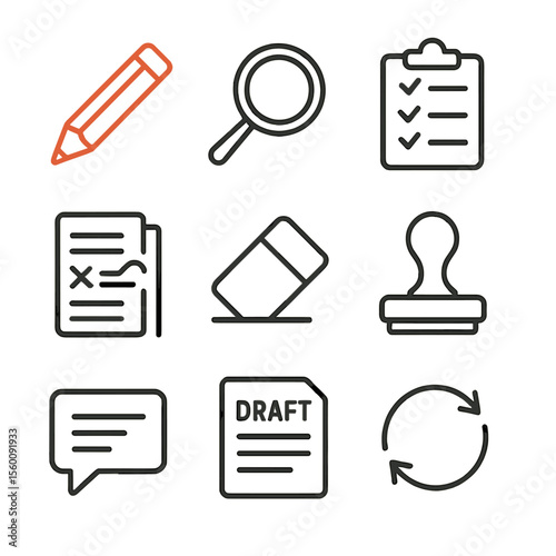 Editing Icons Set. Line style icons of Editing Process: red pencil, magnifying glass, checklist clipboard, tracked-changes