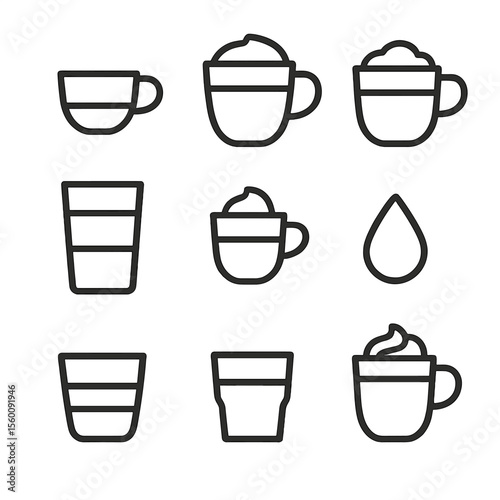 Coffee Icon Collection. Line style icons of Coffee & Espresso Drinks: espresso shot, latte cup, cappuccino mug, americano glass,