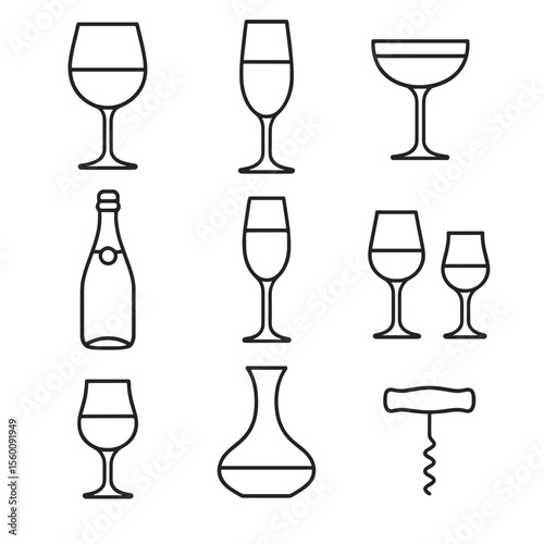 Wine and Sparkling Icons. Line style icons of Wine & Sparkling: red wine glass, white wine flute, rosé coupe, champagne bottle,