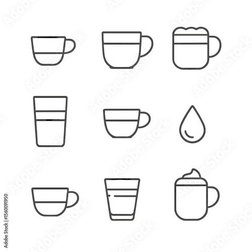 Coffee Icon Collection. Line style icons of Coffee & Espresso Drinks: espresso shot, latte cup, cappuccino mug, americano glass,