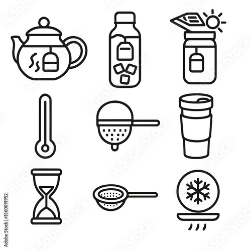 Infusion Icons. Line style icons of Hot & Cold Infusions: glass teapot, iced infusion bottle, solar tea infuser, travel tumbler,