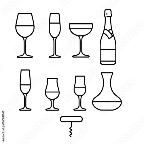 Wine and Sparkling Icons. Line style icons of Wine & Sparkling: red wine glass, white wine flute, rosé coupe, champagne bottle,