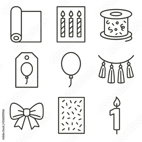 Birthday Gift Icons. Line style icons of Birthday Gift Wrap: birthday paper roll, candle-printed paper, confetti ribbon spool,
