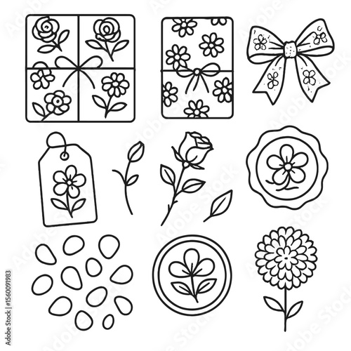 Floral Gift Icons. Line style icons of Floral Gift Wrapping: rose pattern wrap, daisy-motif wrap, organza floral ribbon,