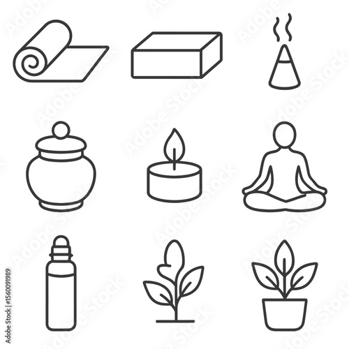 Yoga Aromatherapy Icons. Line style icons of Yoga & Aromatherapy Fusion: yoga mat roll, yoga block, incense cone, aromatherapy