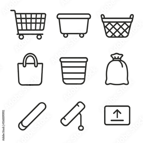 Laundry Transport Icons. Line style icons of Laundry Transport: laundry trolley, wheeled cart, hamper basket, tote bag,