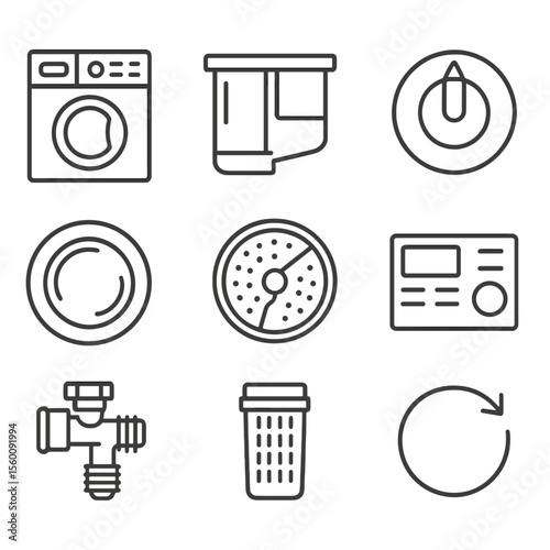 Washing Machine Icons. Line style icons of Washing Machines & Components: washing machine, detergent drawer, control knob, door