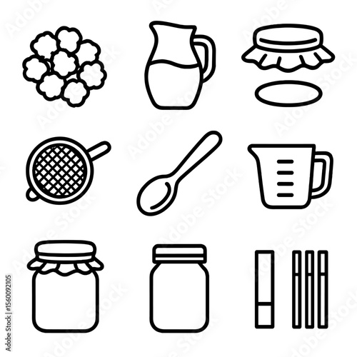 Kefir Culturing Essentials. Line style icons of Kefir Grain Care: kefir grains cluster, milk jar, cloth cover, rubber band,