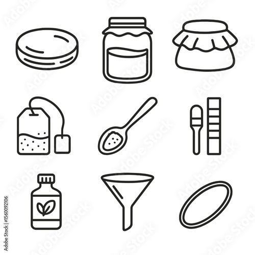 Kombucha Brewing Icons. Line style icons of Kombucha Brewing Setup: SCOBY disc, glass brewing jar, cloth cover, rubber band, tea