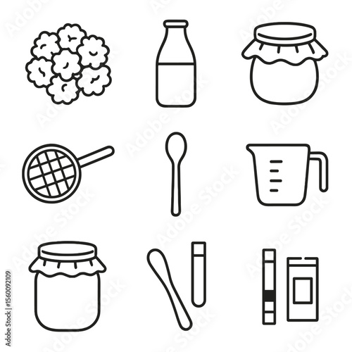 Kefir Culturing Essentials. Line style icons of Kefir Grain Care: kefir grains cluster, milk jar, cloth cover, rubber band,