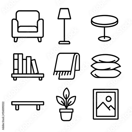 Reading Nook Icons. Line style icons of Reading Nook Design: armchair, floor lamp, side table, bookcase shelf, throw blanket,