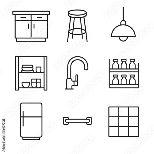 Modern Kitchen Icons. Line style icons of Kitchen Interior: kitchen island, bar stool, pendant light, open shelving, sink faucet,