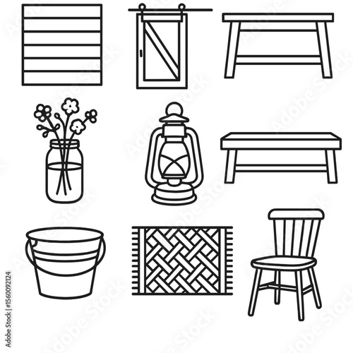 Farmhouse Interior Icons. Line style icons of Farmhouse Style Interior: shiplap wall, barn door track, farmhouse table, mason jar