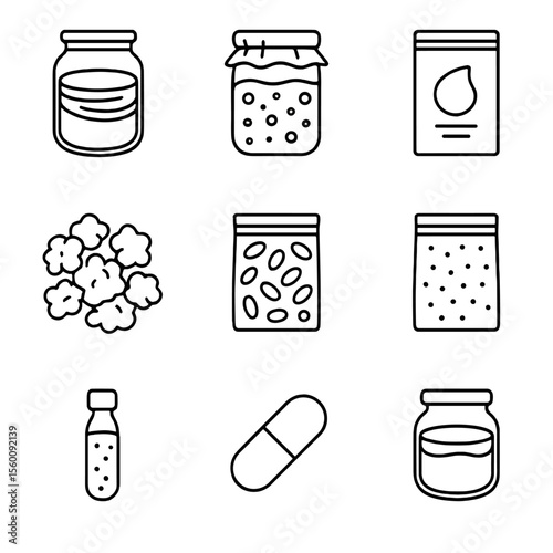 Fermentation Culture Icons. Line style icons of Starter Culture Collection: kombucha SCOBY, sourdough starter jar, yogurt culture