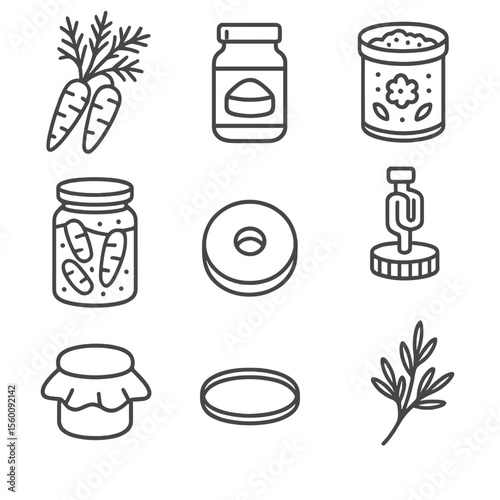 Lacto-Fermented Carrots Icons. Line style icons of Lacto-Fermented Carrots: carrot bunch, salt jar, spice mix tin, fermentation