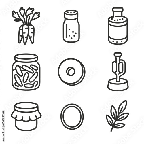 Lacto-Fermented Carrots Icons. Line style icons of Lacto-Fermented Carrots: carrot bunch, salt jar, spice mix tin, fermentation