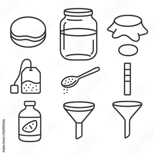 Kombucha Brewing Icons. Line style icons of Kombucha Brewing Setup: SCOBY disc, glass brewing jar, cloth cover, rubber band, tea