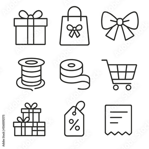 Holiday Gift Icons. Line style icons of Holiday Gifts: wrapped gift, gift bag, bow, ribbon spool, gift tag, present pile, sale tag