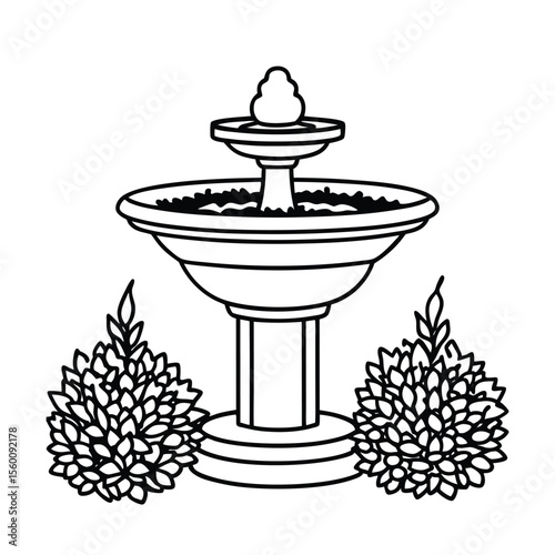 Birdbath set inside hedge with flower patch border Vector illustration