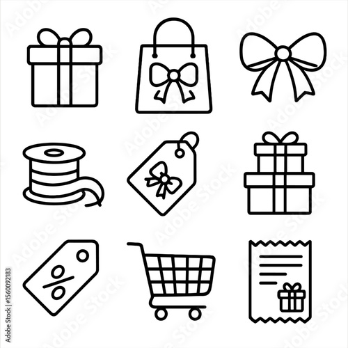 Holiday Gift Icons. Line style icons of Holiday Gifts: wrapped gift, gift bag, bow, ribbon spool, gift tag, present pile, sale tag