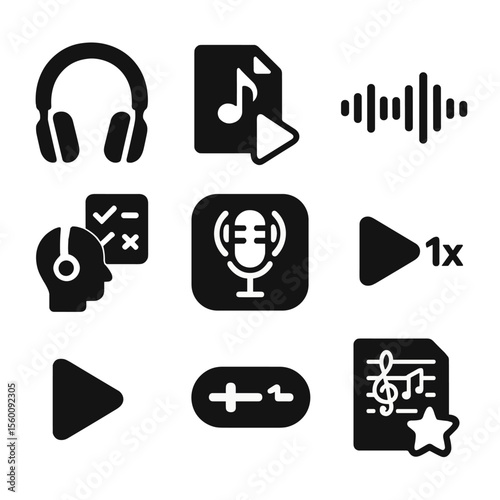 Listening Practice Icons. Solid style icons of listening practice: headphones, audio clip icon, speaker with play, sound wave,