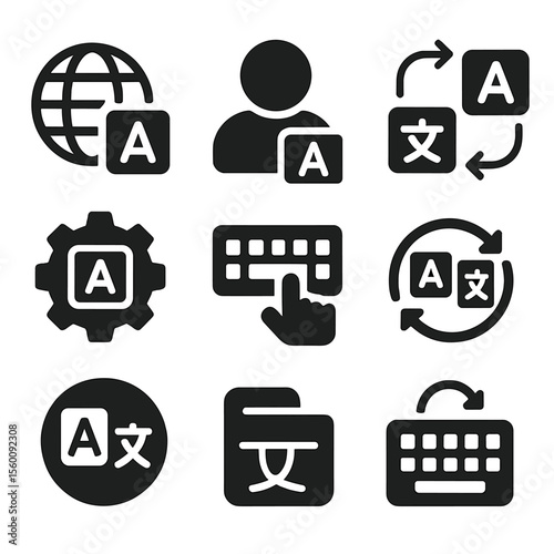 Multilingual Icon Set. Solid style icons of multilingual settings: language selector, profile with flags, change language icon,