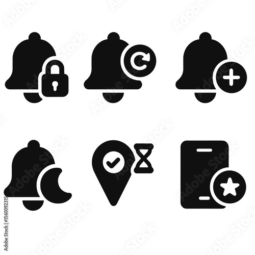 Solid Notification Icons. Solid style icons of notifications center: bell with lock, update badge, weekly report alert, new app