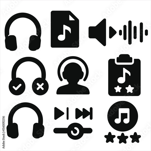 Listening Practice Icons. Solid style icons of listening practice: headphones, audio clip icon, speaker with play, sound wave,