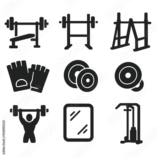 Solid Gym Icons. Solid style icons of gym training: bench press, barbell rack, squat rack, weight plates, gym gloves, powerlifting