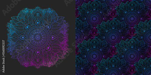 Ethnic seamless pattern and flower mandala in a psychedelic palette with pink, purple and blue gradients. Floral and abstract designs with oriental, indian, asian motifs.