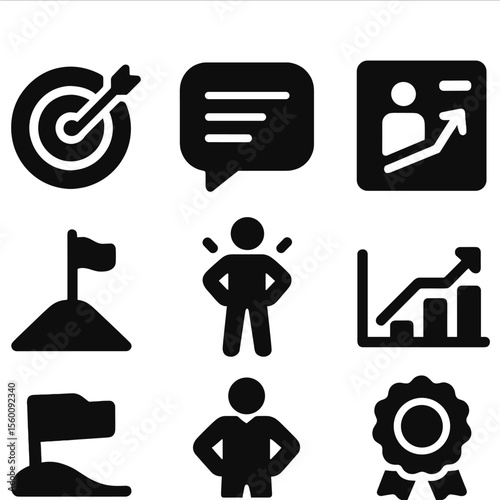 Motivational Tools Icons. Solid style icons of motivational tools: goal target, motivational quote bubble, reward star, progress