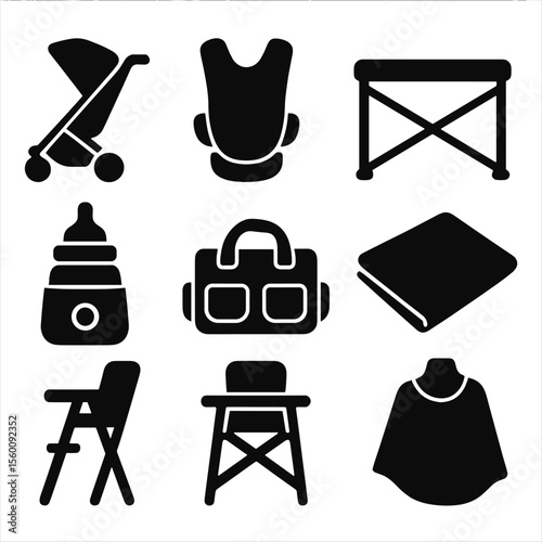 Baby Travel Gear Icons. Solid style icons of baby travel gear: stroller, baby carrier, travel crib, portable changing mat, bottle
