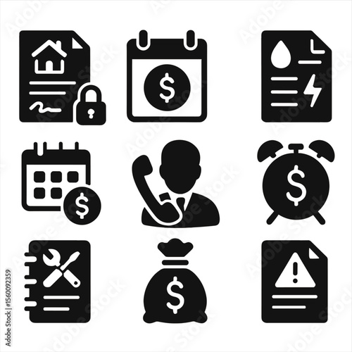 Long-Term Lease Icons. Solid style icons of long-term lease: 12-month contract, rent calendar, utility bills, payment reminder,