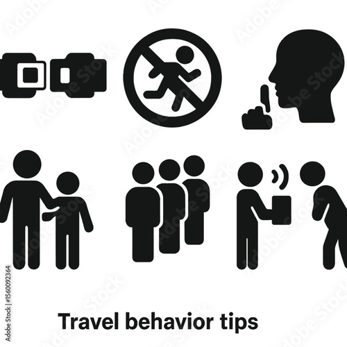 Travel Tips Icons. Solid style icons of travel behavior tips: seat belt icon, no running sign, quiet zone, stay close icon, hand