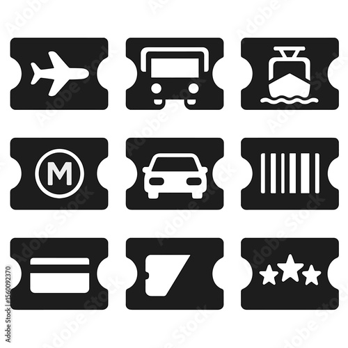 Transportation Ticket Icons. Solid style icons of transportation tickets: flight boarding pass, bus ticket, ferry pass, tram