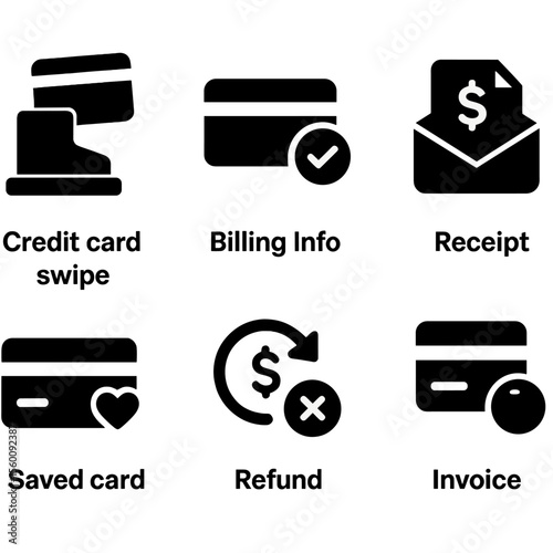 Payment Icons Collection. Solid style icons of payment for tickets: credit card swipe, payment success, billing info, receipt