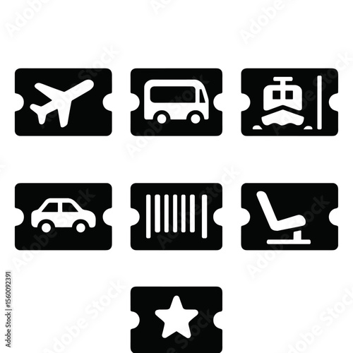 Transportation Ticket Icons. Solid style icons of transportation tickets: flight boarding pass, bus ticket, ferry pass, tram