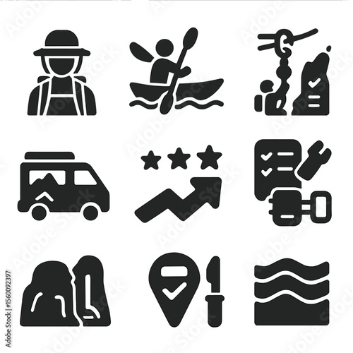 Adventure Icons Set. Solid style icons of adventure tours: mountain guide, kayak tour, zipline gear, climbing group, adventure van