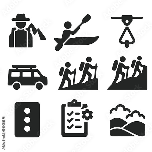 Adventure Icons Set. Solid style icons of adventure tours: mountain guide, kayak tour, zipline gear, climbing group, adventure van